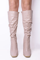 Nude Croc PU Ruched Calf High Boots With Side Zip