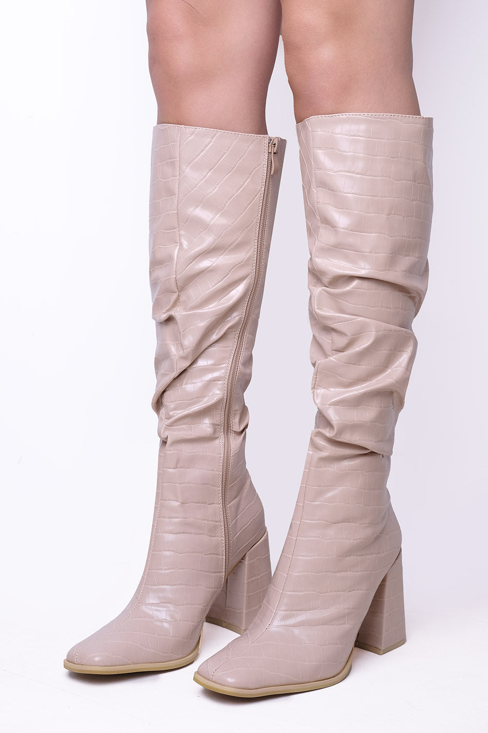 Nude Croc PU Ruched Calf High Boots With Side Zip