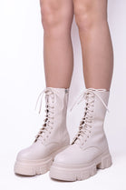 Cream PU Chunky Cleated Sole Ankle Boots With Front Lace