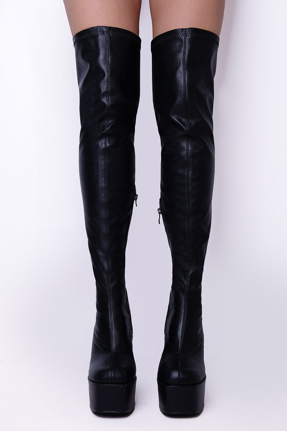 Black PU Block Heel Knee High Boots With Square Toe