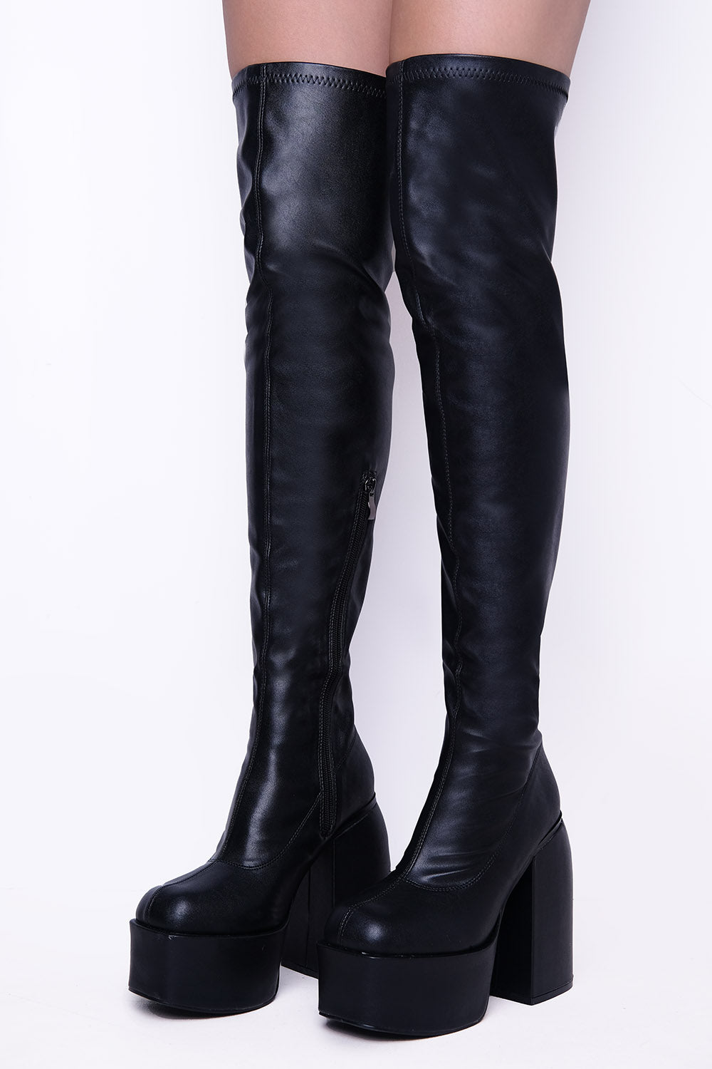 Black PU Block Heel Knee High Boots With Square Toe