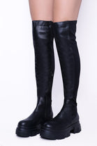 Black PU Chunky Chelsea Calf High Boots With Side Zip