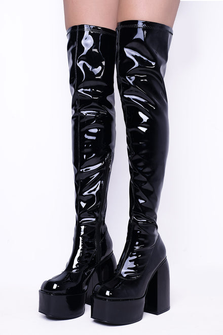 Black Patent Block Heel Knee High Boots With Square Toe
