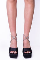 Black Satin Block High Heel Sandals With Diamante Ankle Strap