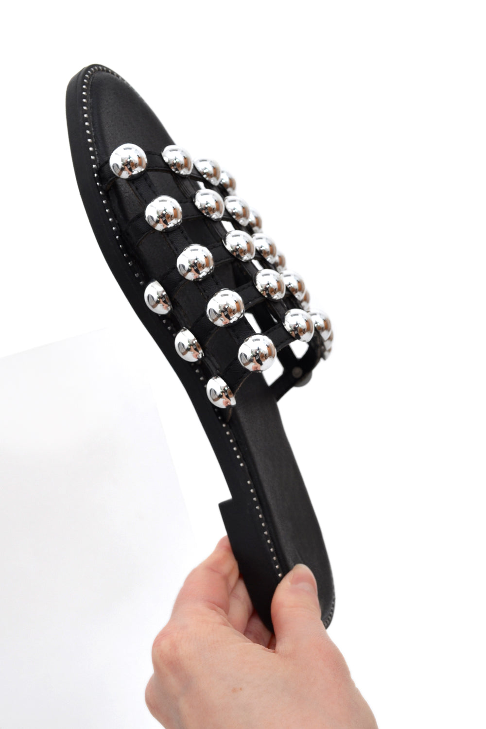 Black PU Studded Caged Slider Sandals