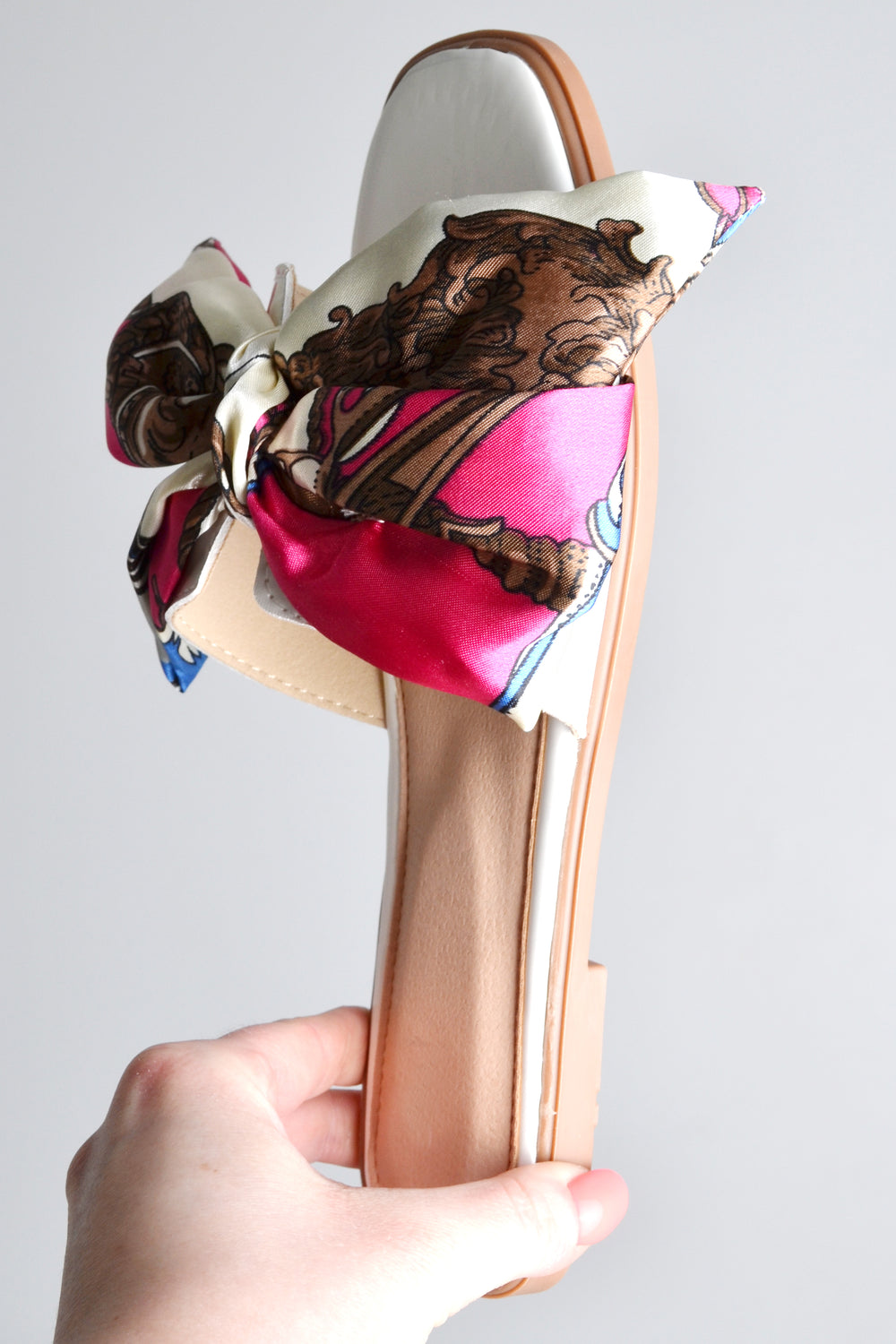 White Patent Scarf Print Bow Slider Sandals