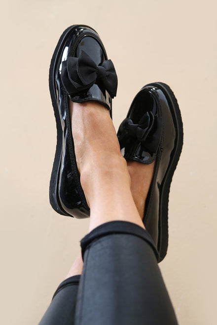 Black Patent Loafer Shoes with Bow Detail