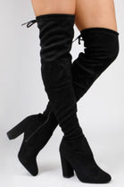 Black Suede Over The Knee High Chunky Heeled Boots