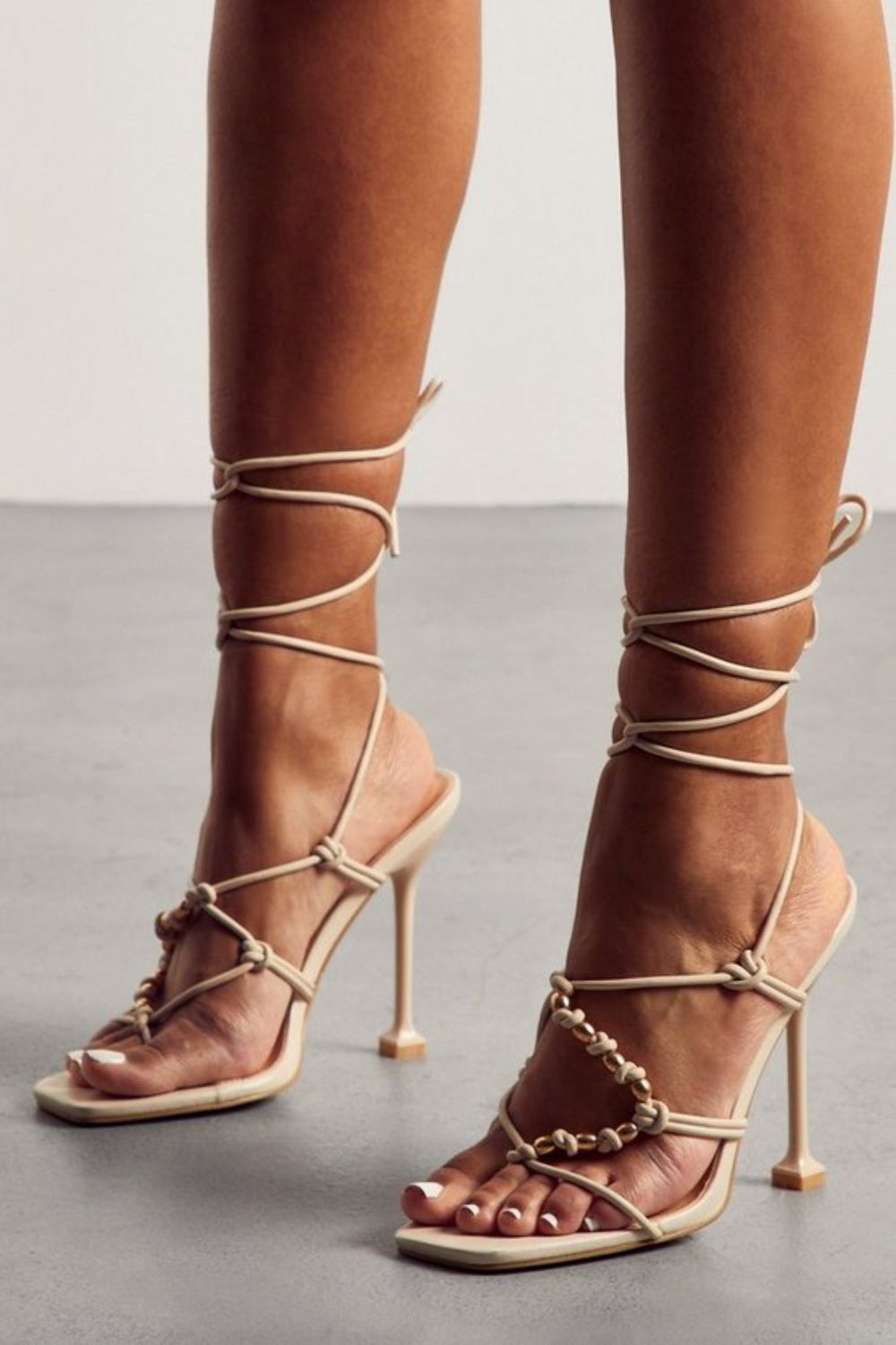 CREAM LIZARD STRAPPY HIGH HEELS WITH LACE UP – ARRK FASHION