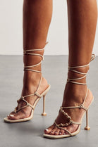 Cream Strappy High Heel Sandals With Leg Tie Detail