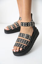 Black PU Flatform Sandals with Ankle Strap & Eyelet Detail