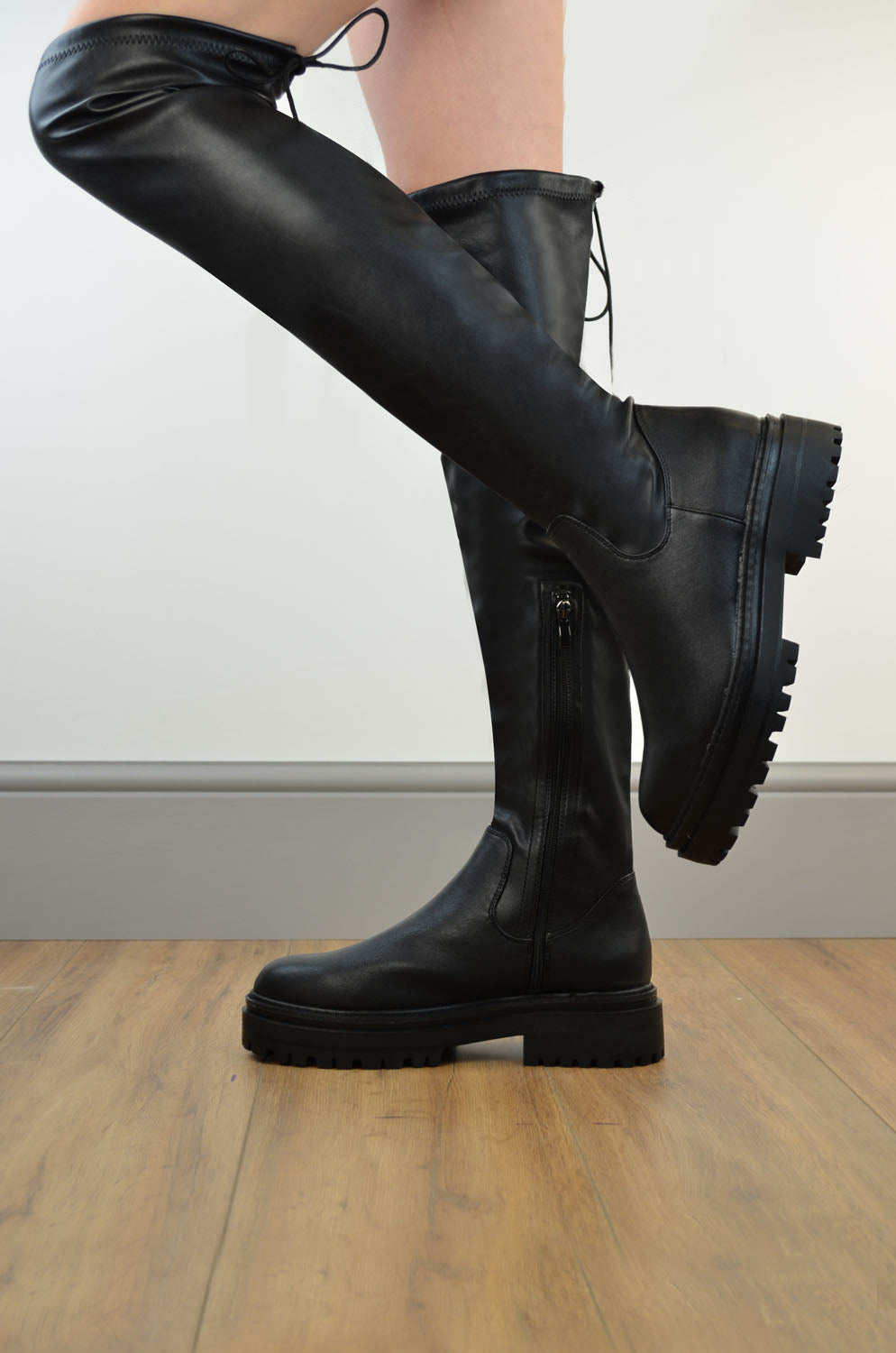 Black PU Chunky Stretch Platform Calf Over The Knee Boots