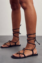 Black PU Flatform Strappy Sandal with Beads & Leg Tie