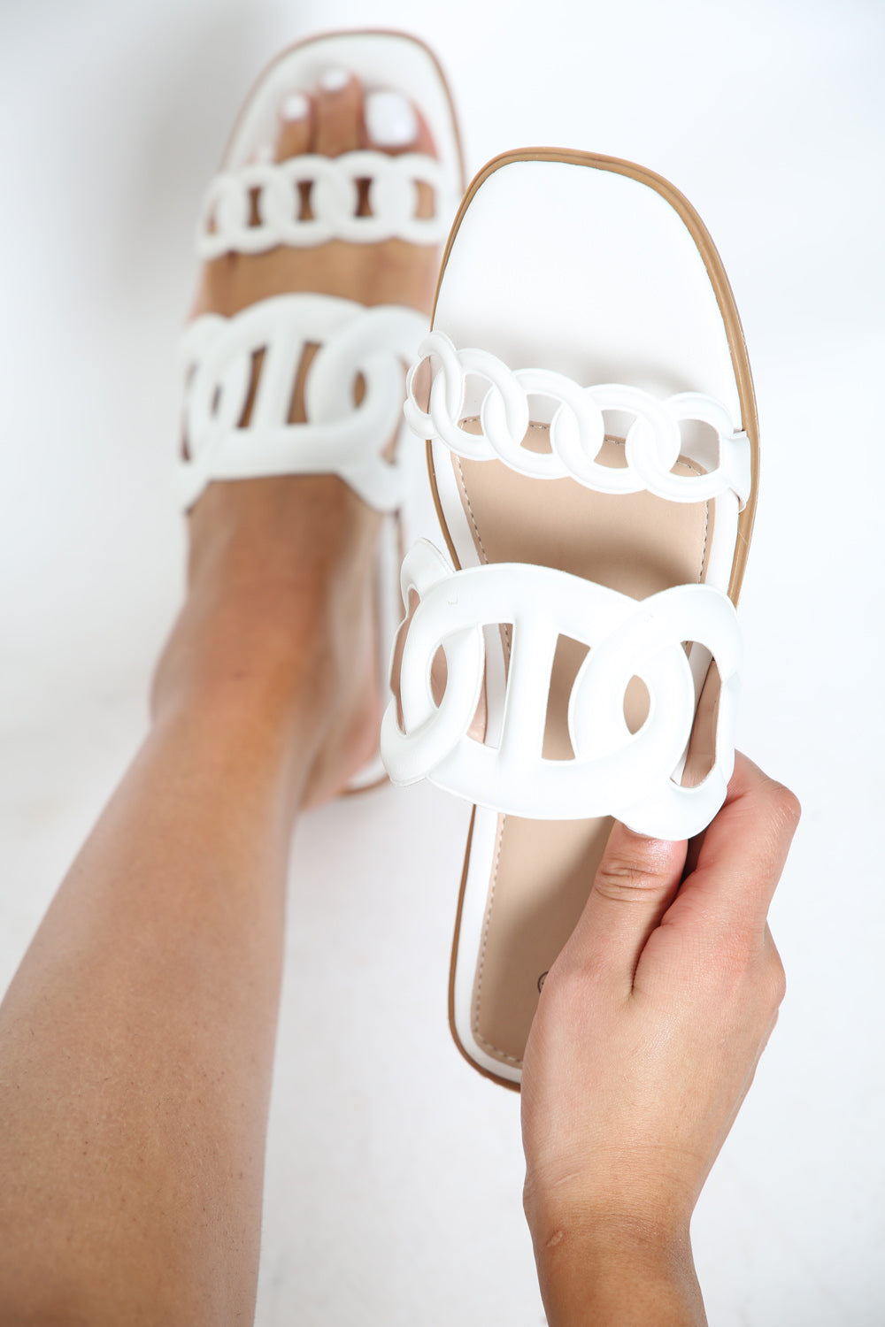 White PU Flatform Cut Out Slide Sandals