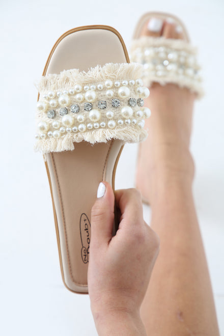 CREAM PU DIAMANTE STUDDED SLIP ON SLIDERS