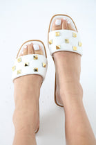 White Padded Strap Sliders With Stud Details