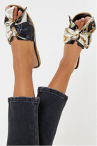 Black Patent Scarf Print Bow Slider Sandals