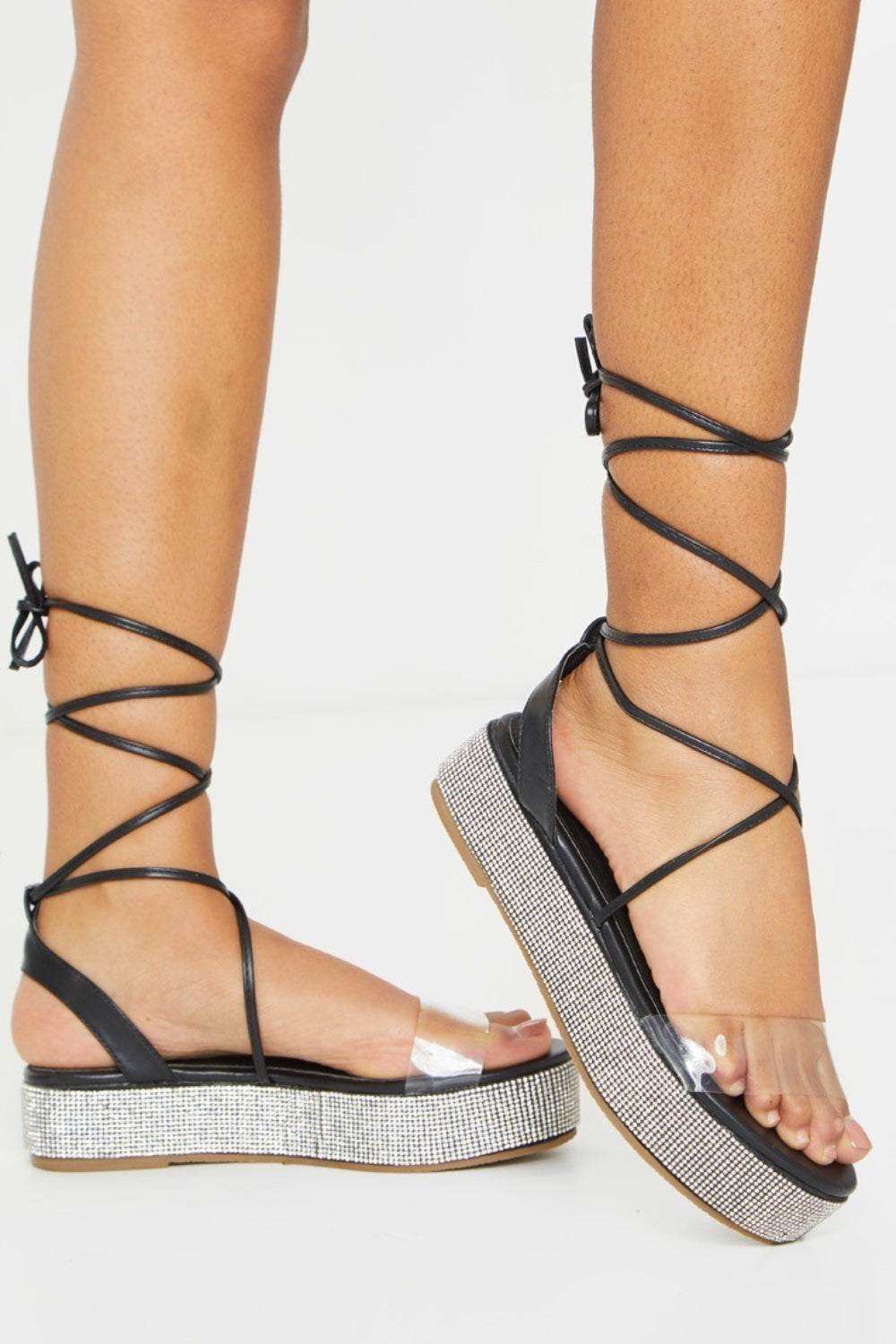 Black PU Diamante Flatform Perspex Sandals
