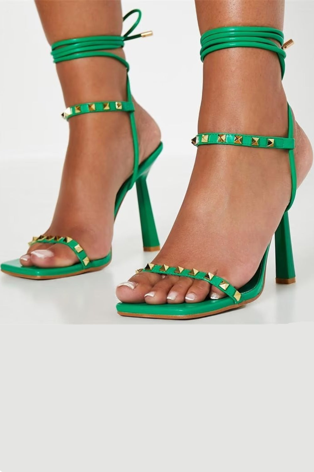 Green PU Studded High Heel Sandals With Square Toe & Tie Leg