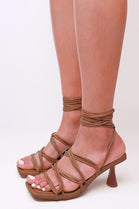 Mocha Low Heel Strappy Sandal with Square Toe & Leg Tie