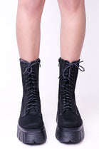 Black Suede Chunky Front Lace Up Ankle Boot