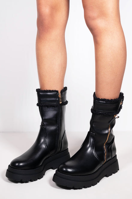 BLACK PU CHUNKY SOLE ANKLE BOOTS