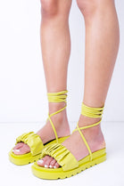 Lime Flatform Sandal with Ruched Strap & Lace Up Detail