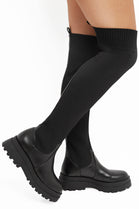 BLACK PU CHUNKY PLATFORM OVER THE KNEE KNITTED SOCK BOOTS