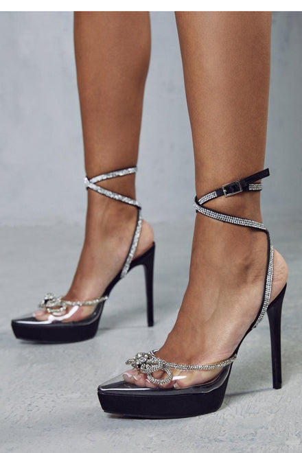 Black Satin Pointed Toe High Heel Sandals with Diamante Bow & Ankle Strap