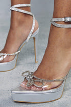 Silver Satin Pointed Toe High Heel Sandals with Diamante Bow & Ankle Strap