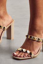 NUDE PU STRAPPY SQUARE TOE BLOCK HEEL WITH STUD DETAILS