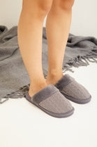 GREY WOVEN KNITTED TEDDY FAUX FUR SLIPPERS