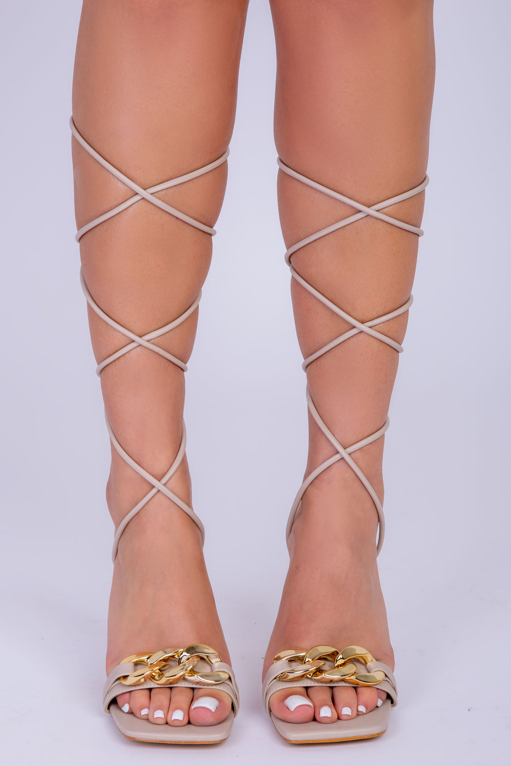 Nude PU Chunky Chain Detail Tie Leg Heels