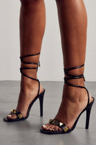 Black Stiletto High Heels with Studded Strap & Lace Up Detail