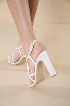 Cream PU Multi Strap Thin Block Heel Sandals