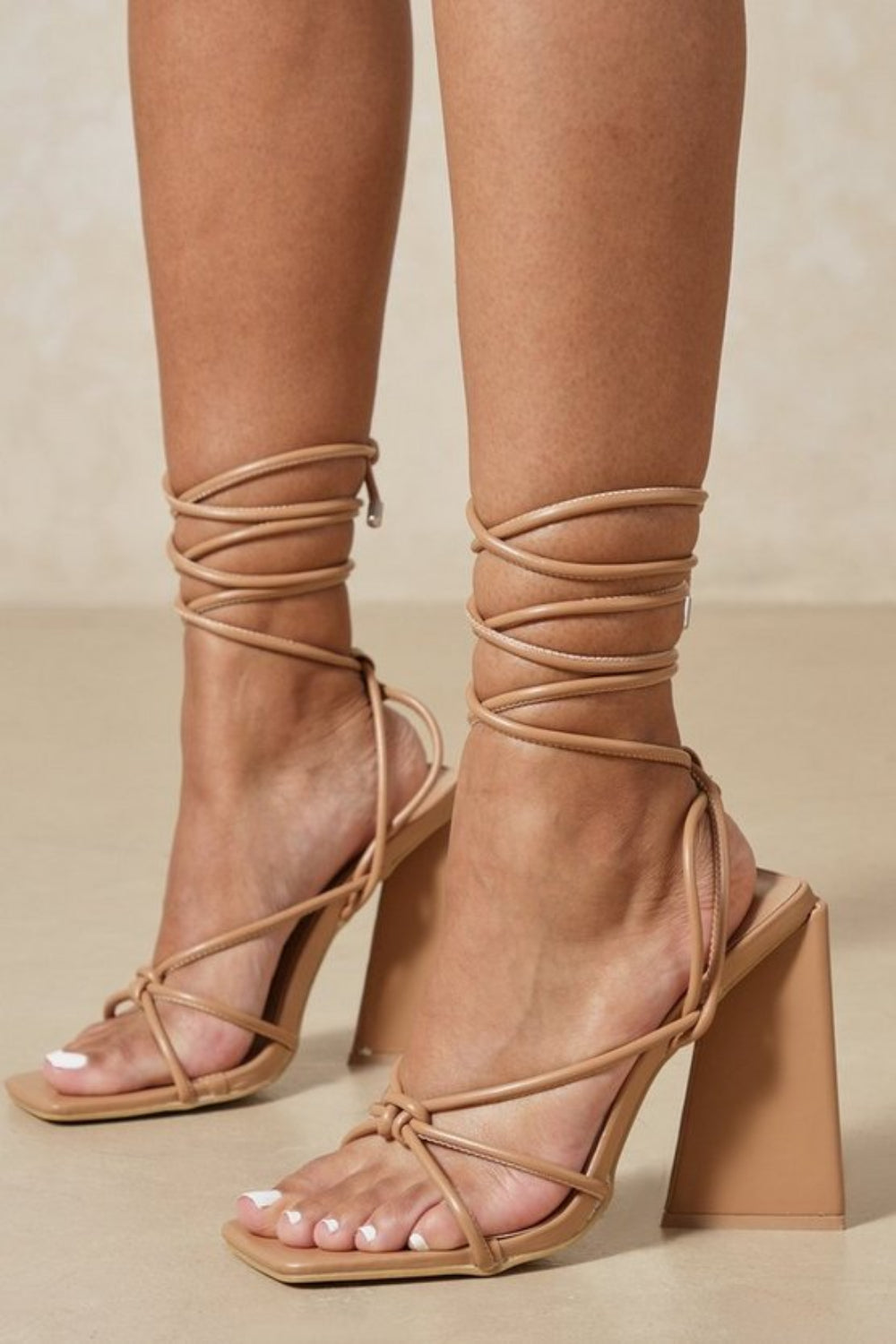 MOCHA PU PYRAMID BLOCK HEEL WITH LACE UP AND FRONT MULE STRAP