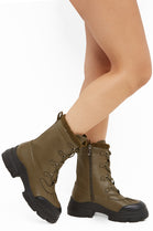 Khaki PU Chunky Ankle Boots With Lace-up Front and Faux Fur Trim Lining