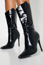 Black Croc Pointed Toe High Heel Boots with Side Zip