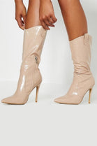 Nude Croc Pointed Toe High Heel Boots with Side Zip