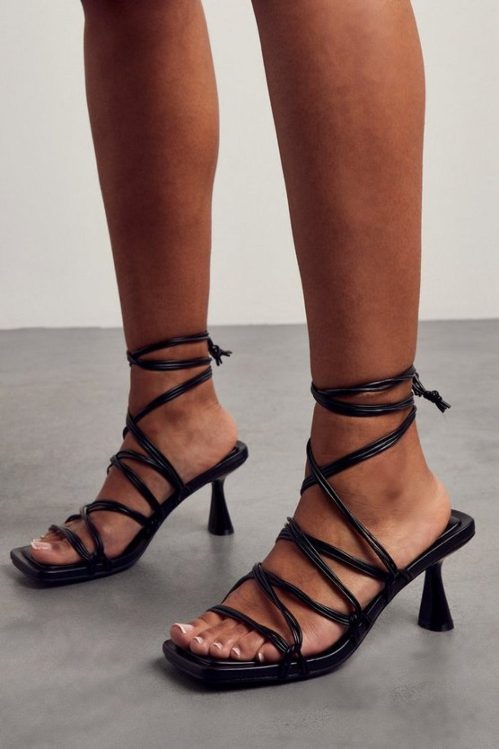 Black Low Heel Strappy Sandal with Square Toe & Leg Tie