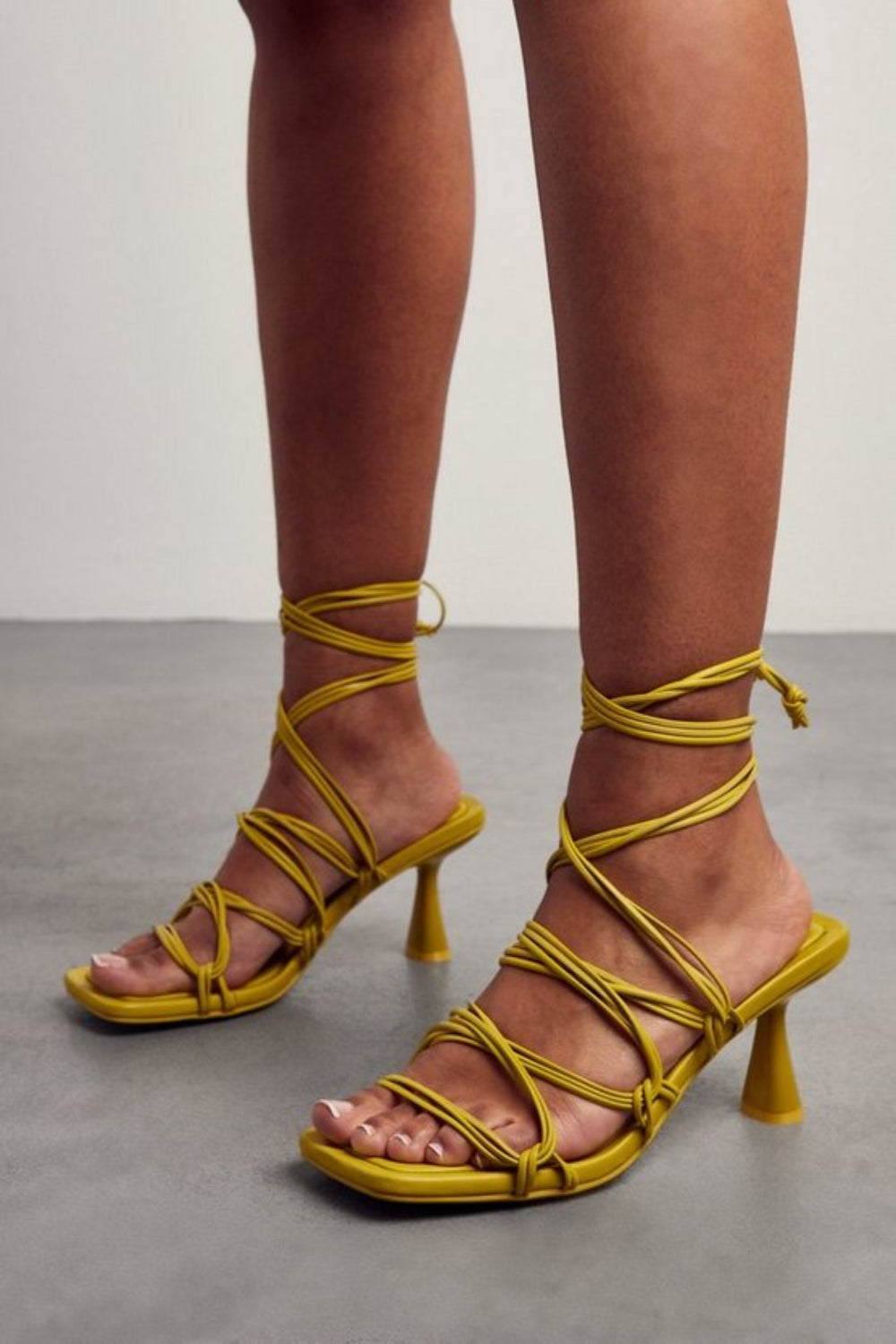 Lime Low Heel Strappy Sandal with Square Toe & Leg Tie