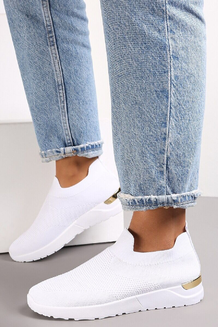 WHITE SLIP ON GOLD CLIP HEEL DETAIL TRAINERS SHOES