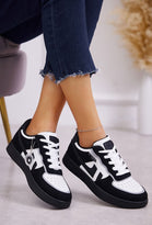 BLACK WHITE LACE UP FLAT TRAINERS