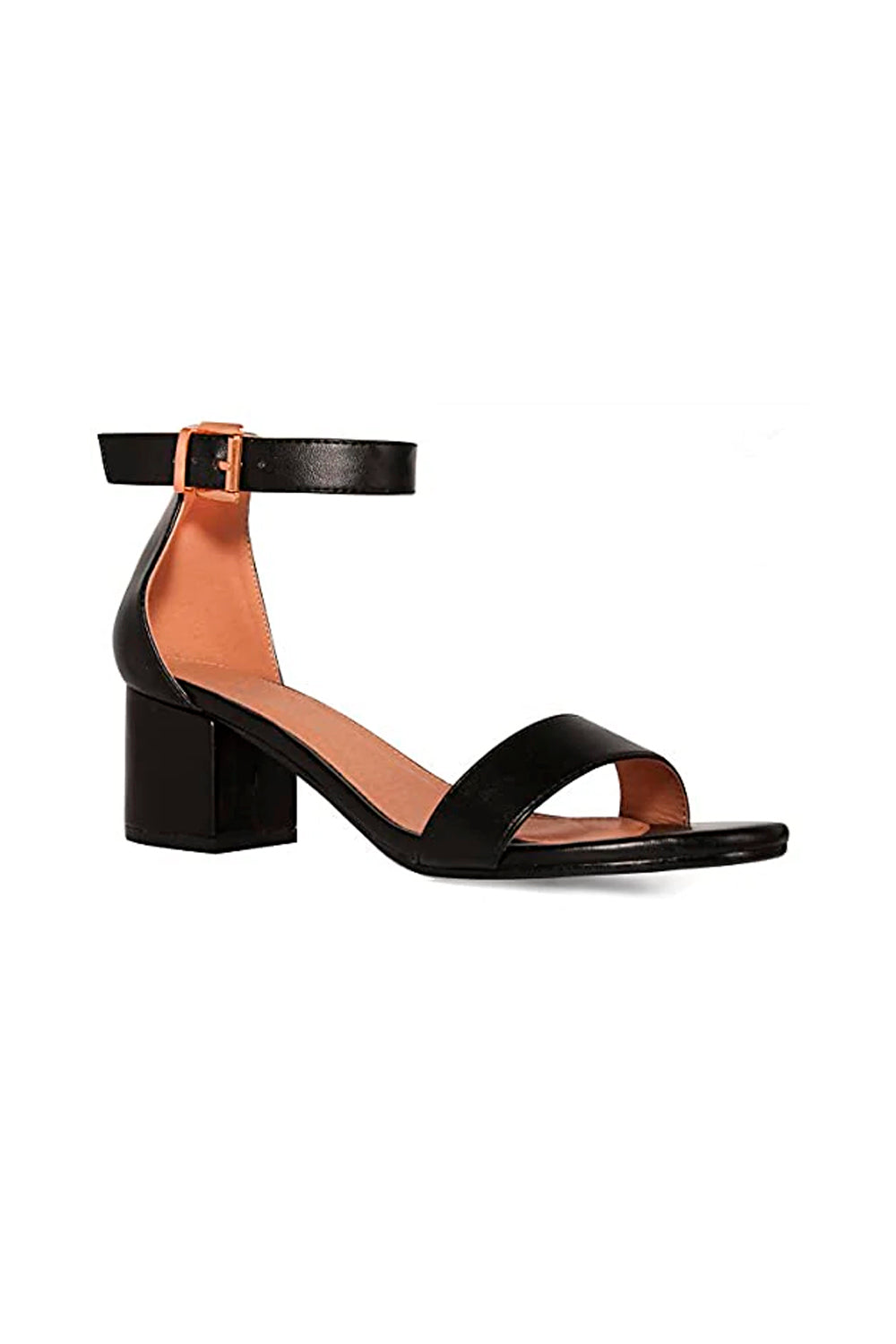 BLACK PU STRAPPY MID HIGH BLOCK HEEL SANDALS WITH ANKLE STRAP